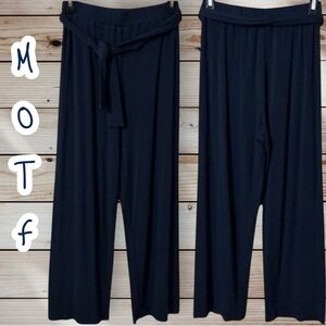🌺MOTF NAVY ELASTIC WAIST RIBBED FLOWY COMFY BELTED PANTS